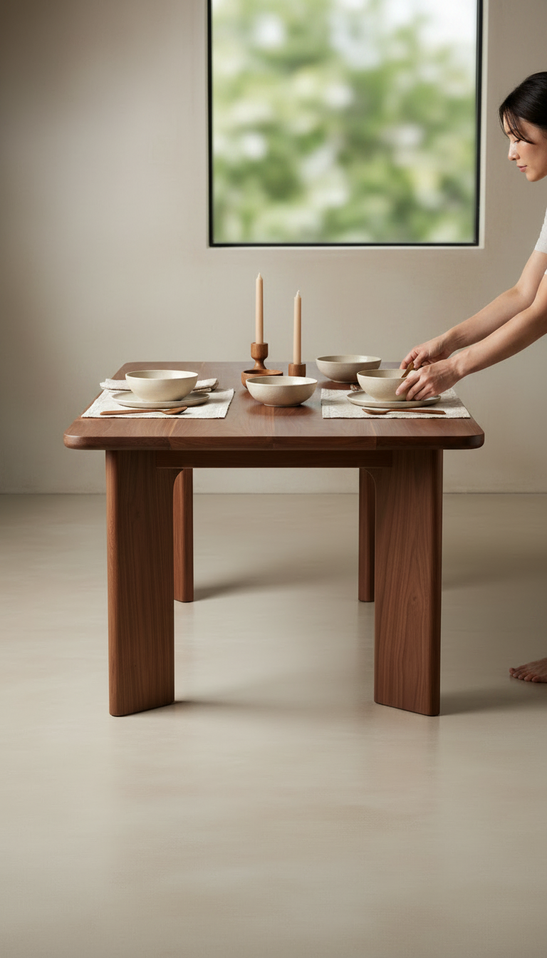 Walnut dining table with sculpted base in use