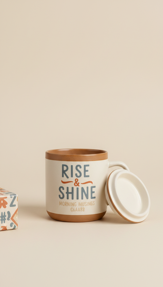'Morning Muse' ceramic mug with creative quote, 3/4 angle on individual mugs with lid off, allowing quote detail to be...