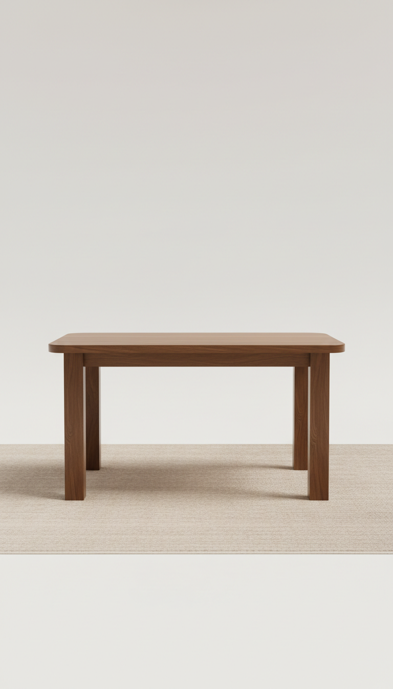 Solid walnut dining table, perfectly centered horizontally and vertically with equal negative space above and below, color...