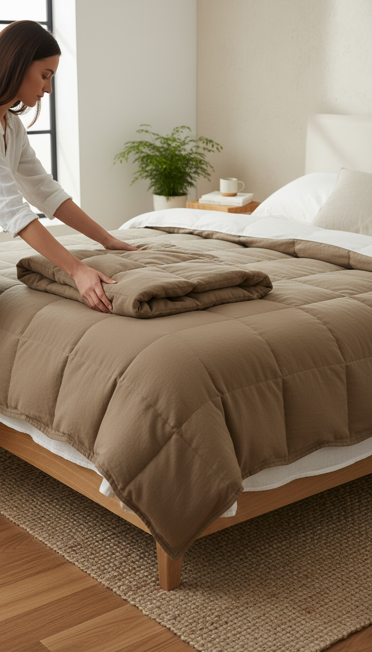 Warm Taupe Organic Cotton Weighted Blanket in use