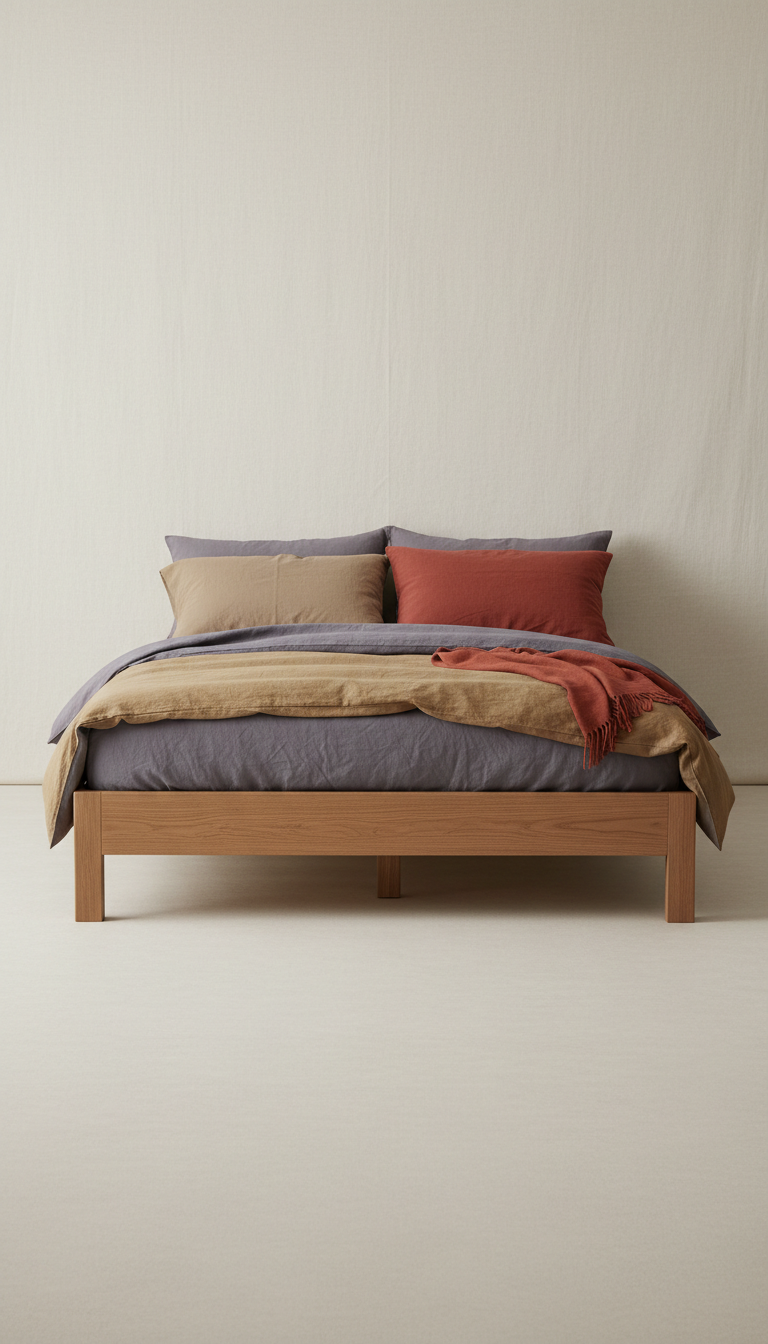 Solid wood slatted bed base, Three-quarter view of the bed as hero—shot at mattress height or just above to reveal form...
