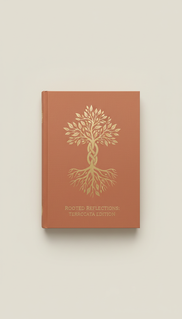 Rooted Reflections: Terracotta Edition hardcover devotional book, Books presented in three-quarter view on textured linen...