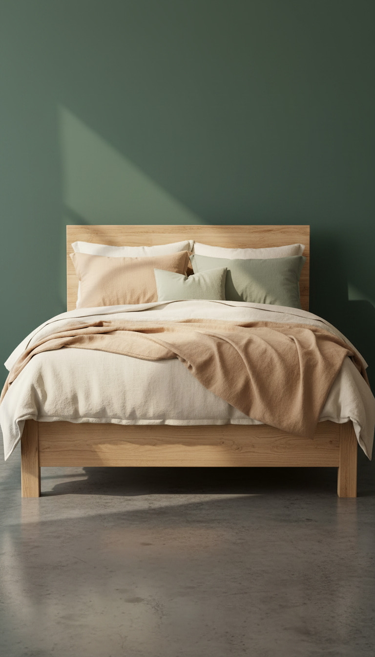 Natural Wood Bedframe With Slatted Headboard in a new setting