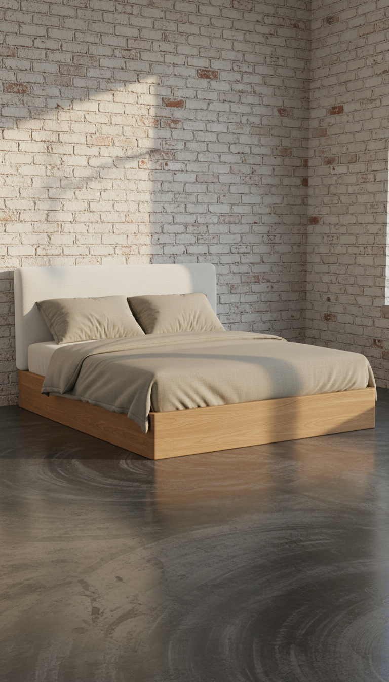 Solid oak platform bed with linen headboard in a new setting