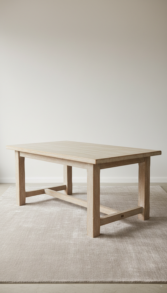 Driftwood Oak Dining Table, perfectly centered horizontally and vertically with equal negative space above and below,...