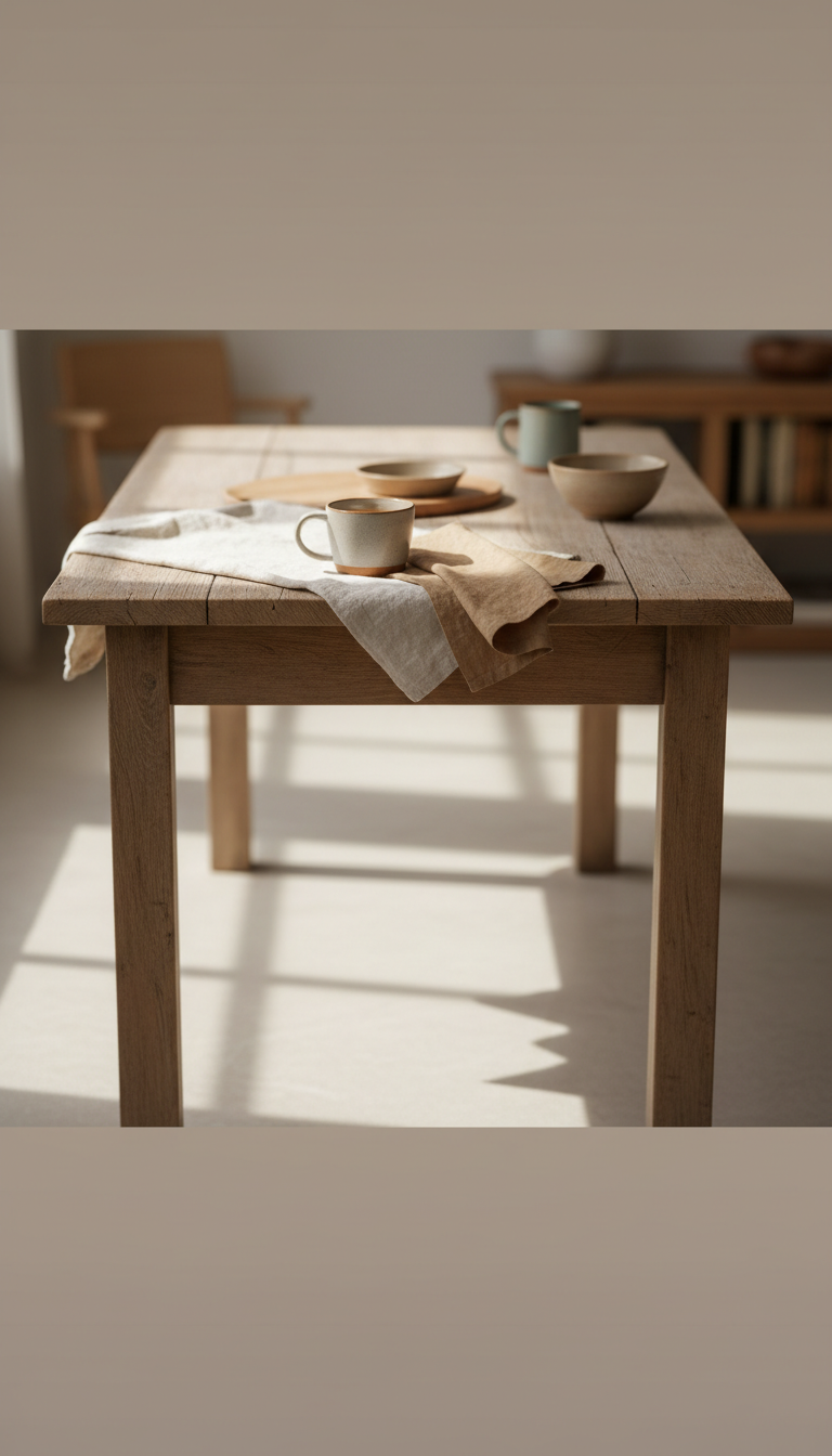 Weathered oak dining table, 3/4 angle product shots on textured neutral surfaces (e.g., linen draped table or weathered...