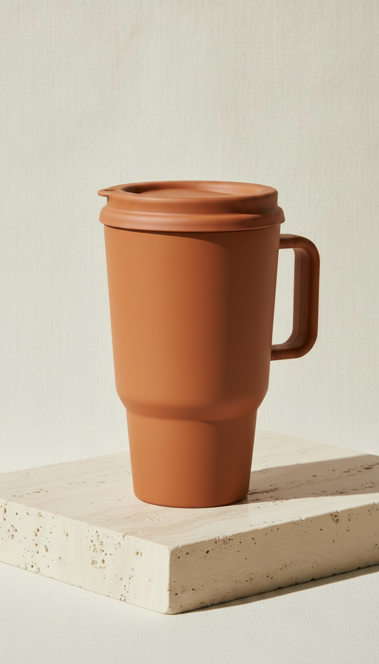 Alternate angle view of Glazed terracotta travel mug