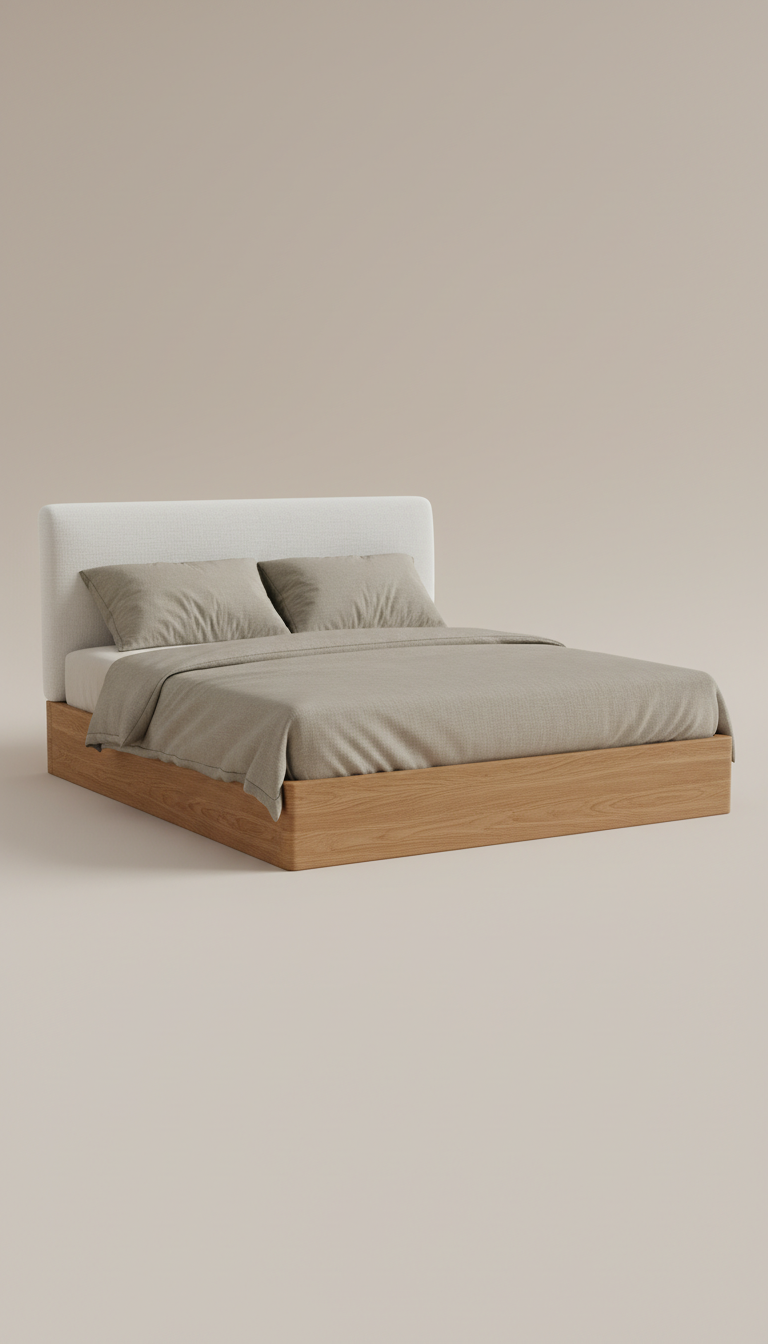 Solid oak platform bed with Gallery White linen headboard., Three-quarter angle as default to highlight both headboard...