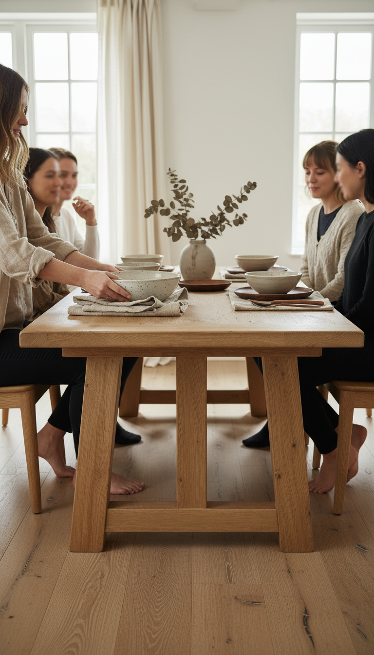 Farmhouse Trestle Dining Table in use