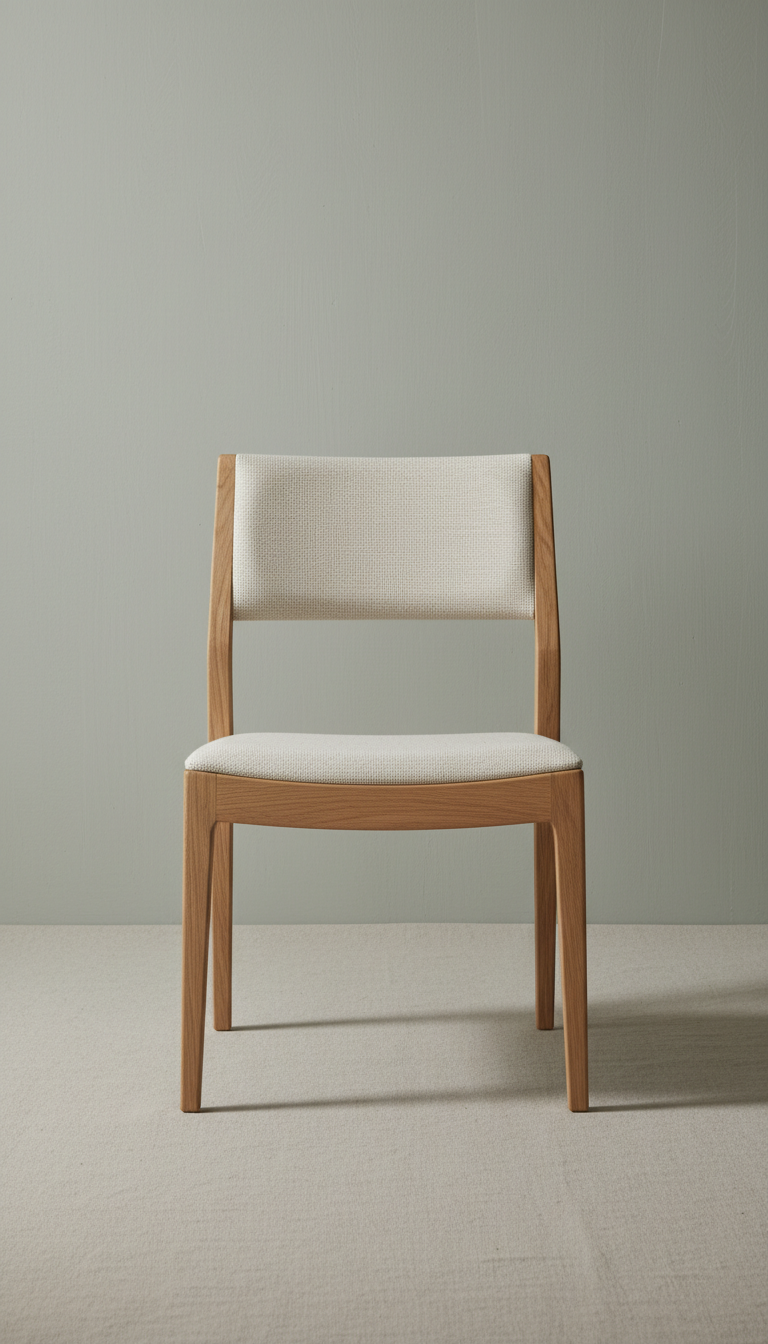 Oak timber dining chair, Hero products at a clean 3/4 angle on matte neutral surfaces (Bone White or Natural Linen),...