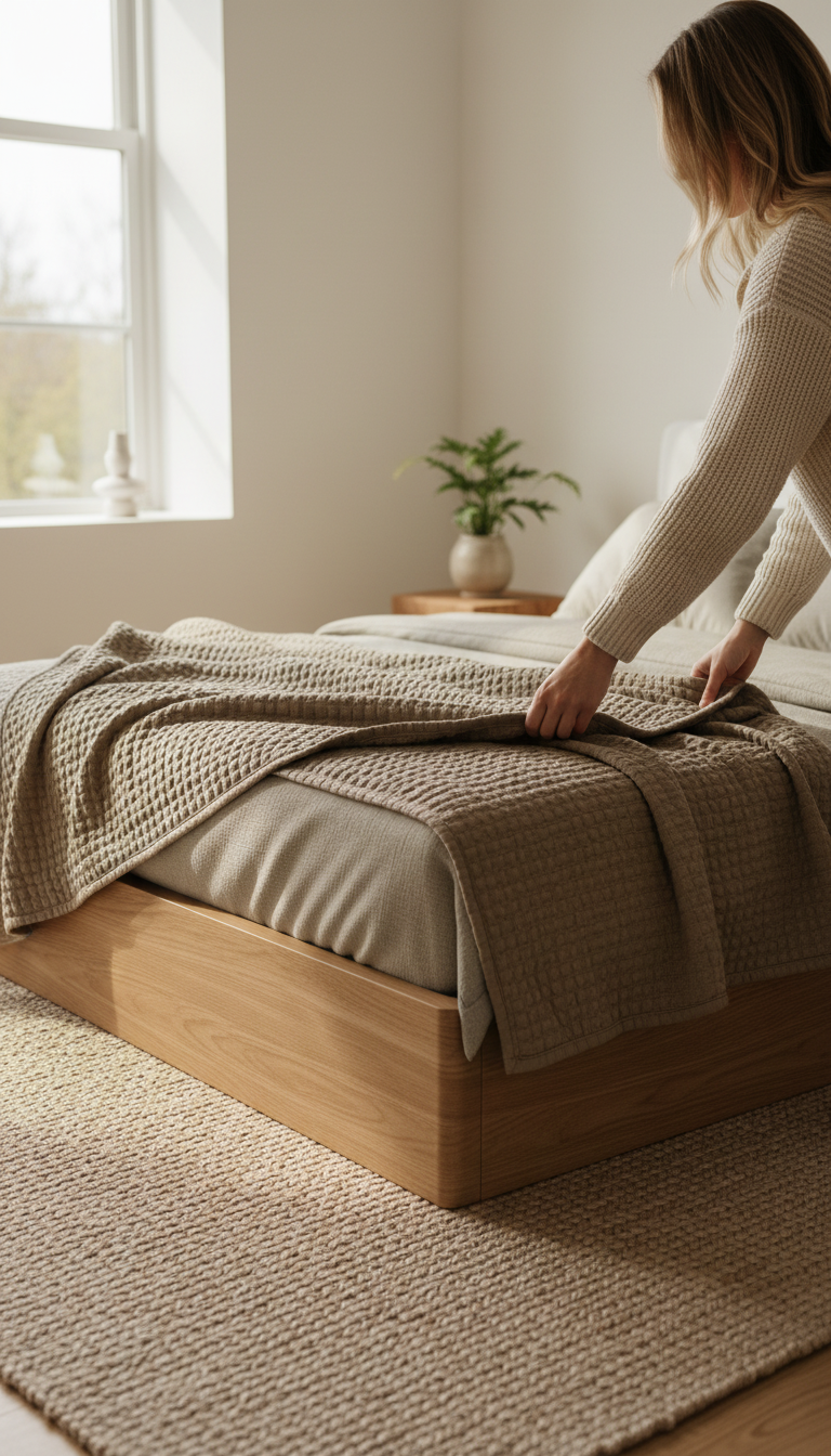 Solid oak platform bed with linen headboard in use