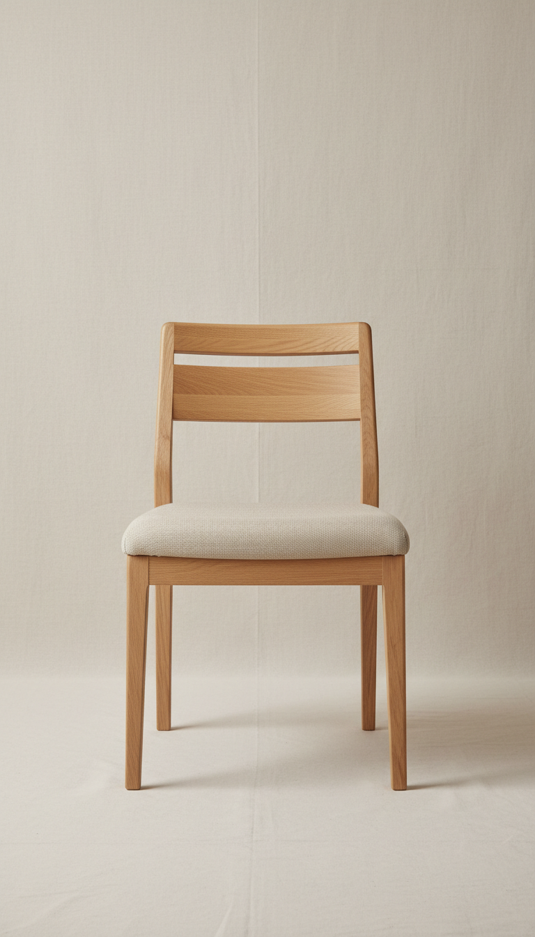 Oak dining chair, perfectly centered against a 'Soft Linen' backdrop. The chair's design features clean lines and subtle...
