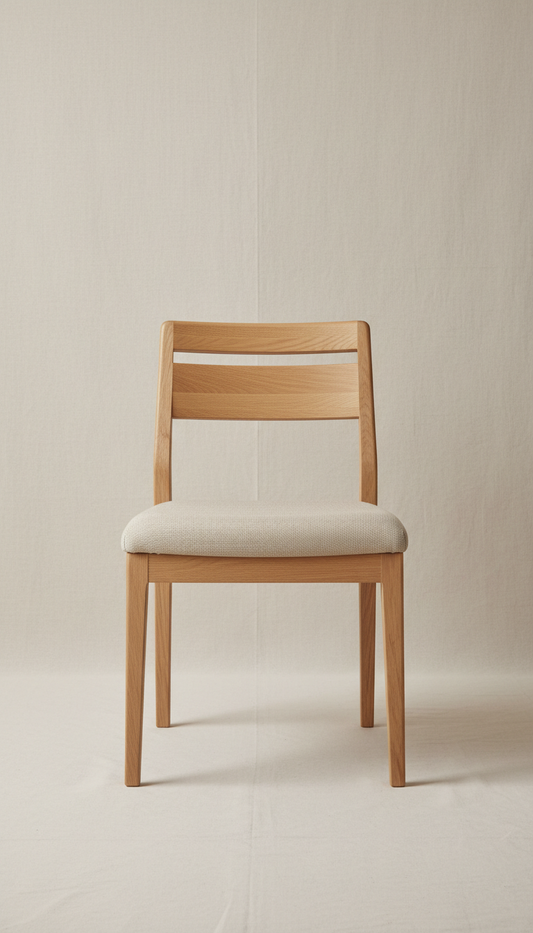 Oak dining chair, perfectly centered against a 'Soft Linen' backdrop. The chair's design features clean lines and subtle...
