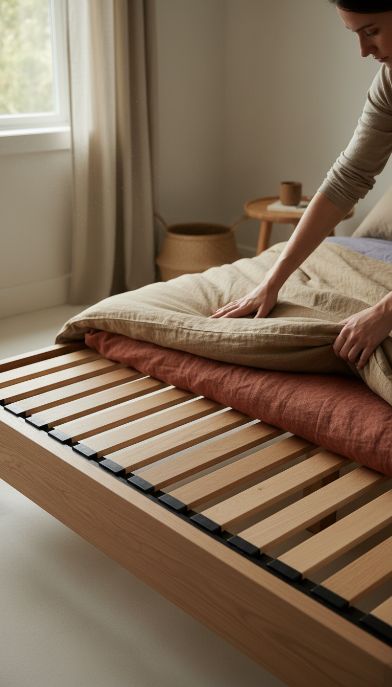 Solid oak slatted bed base in use