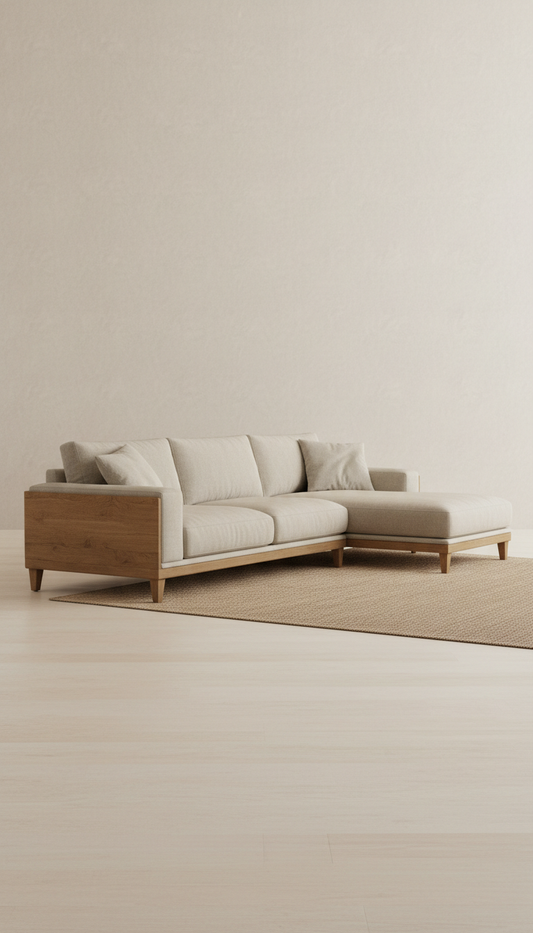 Belgian linen sectional sofa, Default to 3/4 angle for hero product shots (sofas/chairs), shot at seated eye-level to...