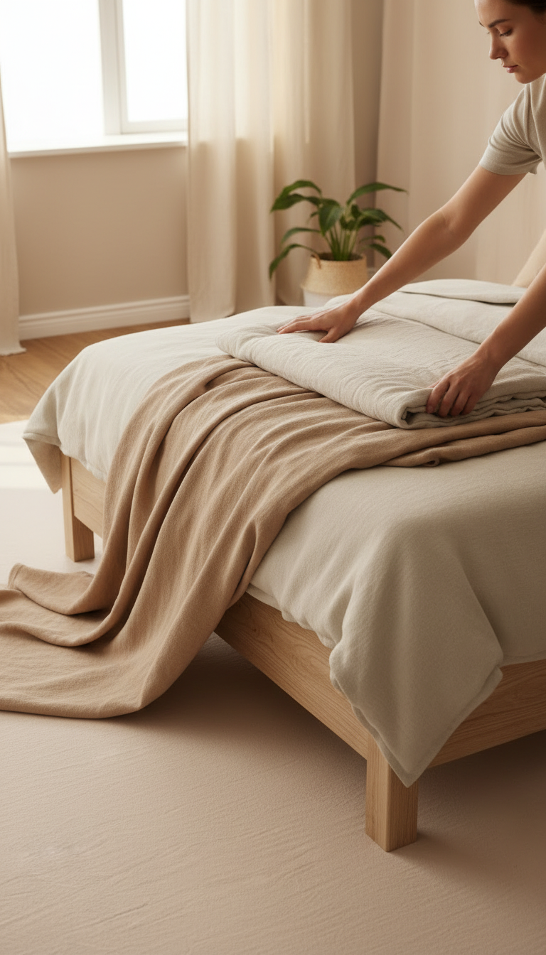 Natural Wood Bedframe With Slatted Headboard in use