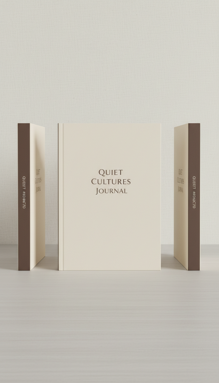 Quiet Cultures Journal softcover edition, Three-quarter angle product shots at table height, showing both spine and cover...