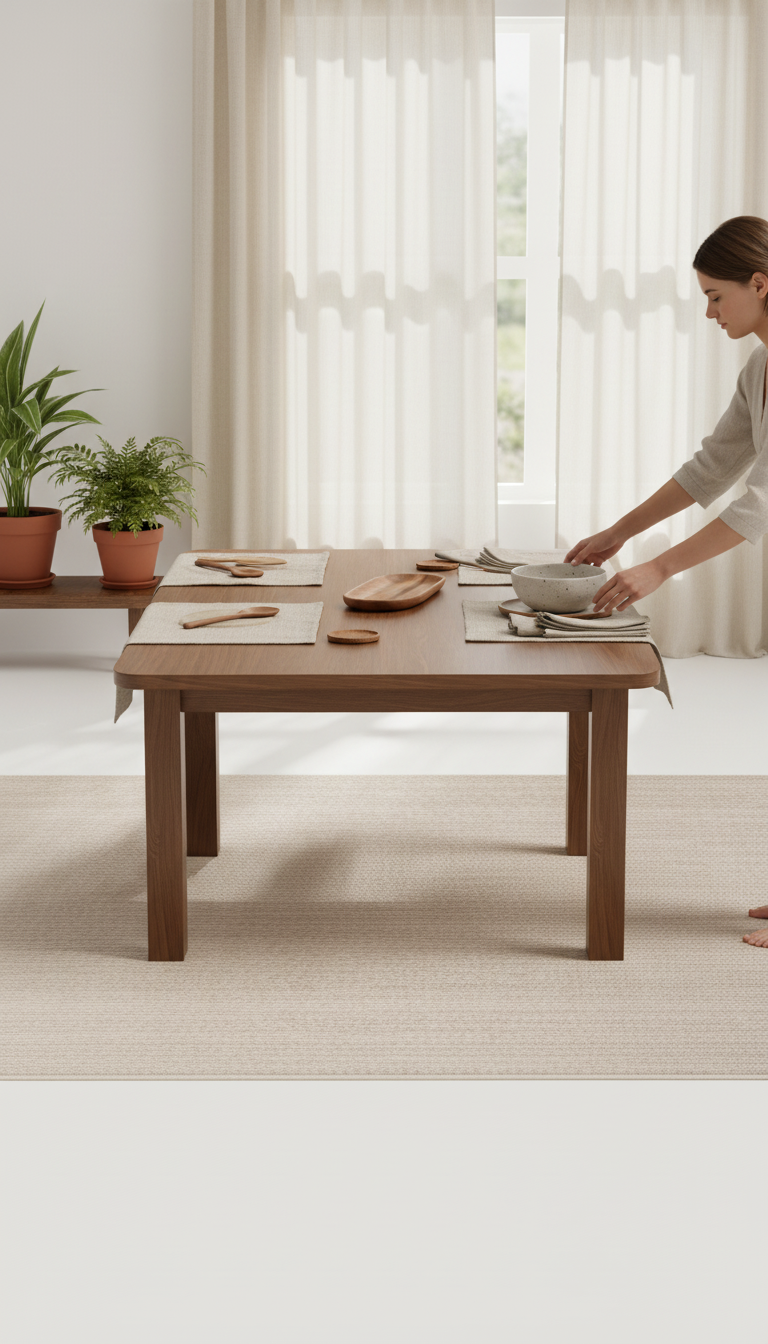 Solid walnut dining table with sculpted edge in use