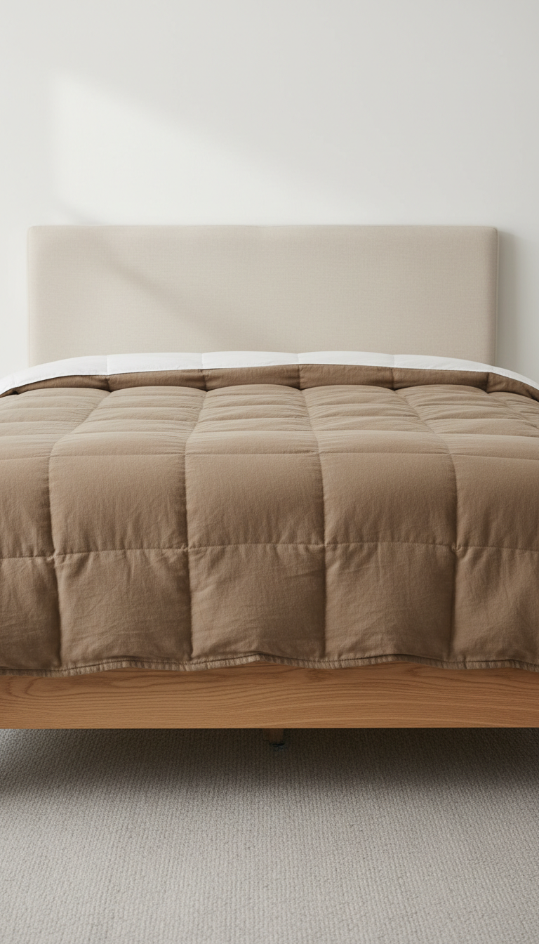 A perfectly centered Warm Taupe weighted blanket laid flat on a bed in a neutral setting. The image captures the luxurious...