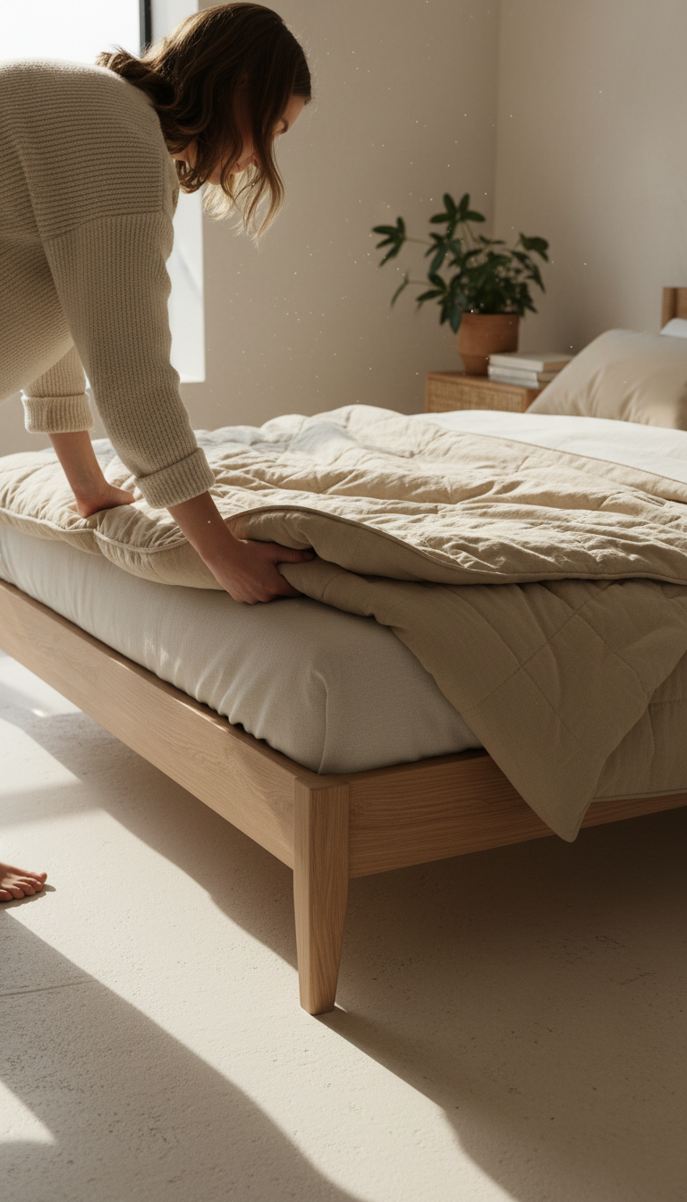 Solid wood king size bed in use