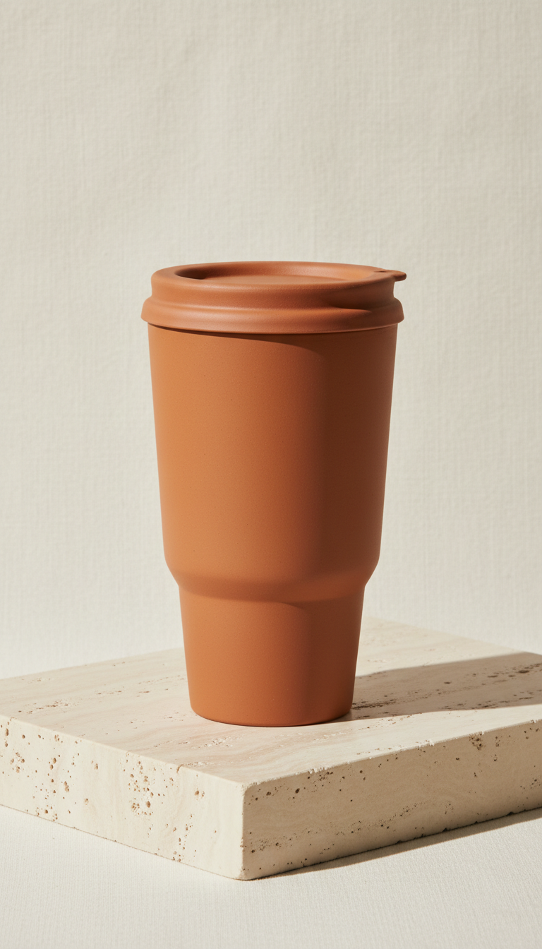 Terracotta travel mug, Hero angle is a classic 3/4 view placed on a matte travertine plinth or sunbleached linen surface...