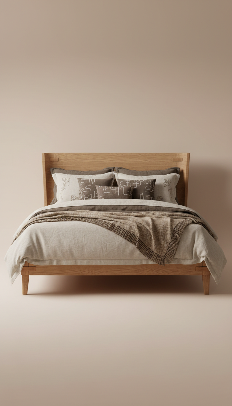 Aurelia Oak Bed, with a single warm shadow grounding the object. Fabrics arranged to highlight both structure and...