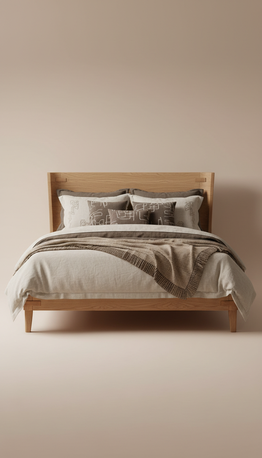 Aurelia Oak Bed, with a single warm shadow grounding the object. Fabrics arranged to highlight both structure and...