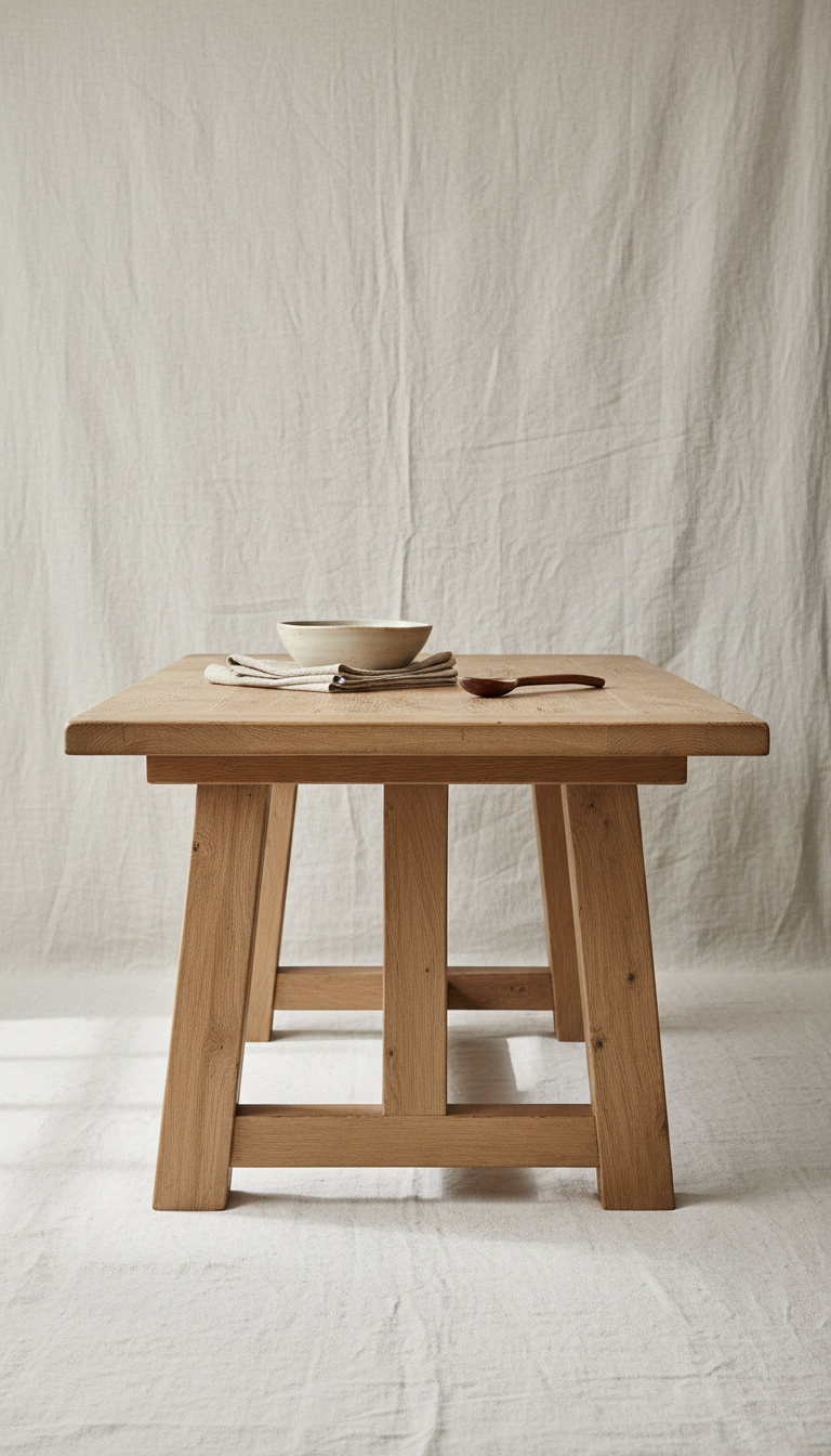 Farmhouse trestle dining table, Hero products photographed at a 3/4 angle on worn wooden surfaces in soft window light....