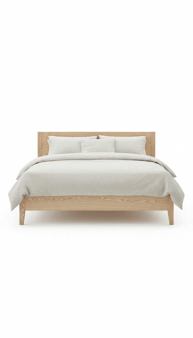 Wooden Whisper solid wood bed with an Ash Wood finish. The bed is centered in the frame, with ample negative space above...