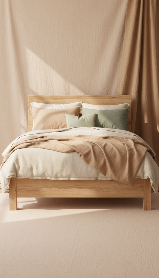 Natural wood bedframe, 3/4 angle product shots on soft linen backdrops in Peachy Cream or Toffee hues; natural window...