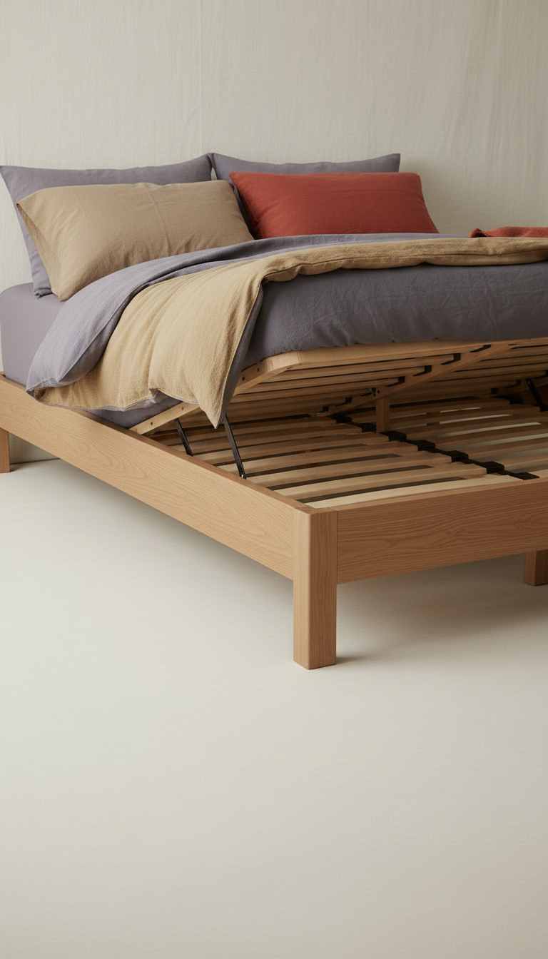 Alternate angle view of solid oak slatted bed base