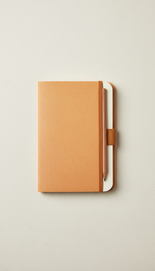 Photograph a compact portable notepad perfectly centered with a straight-on front view, illuminated with soft, even,...