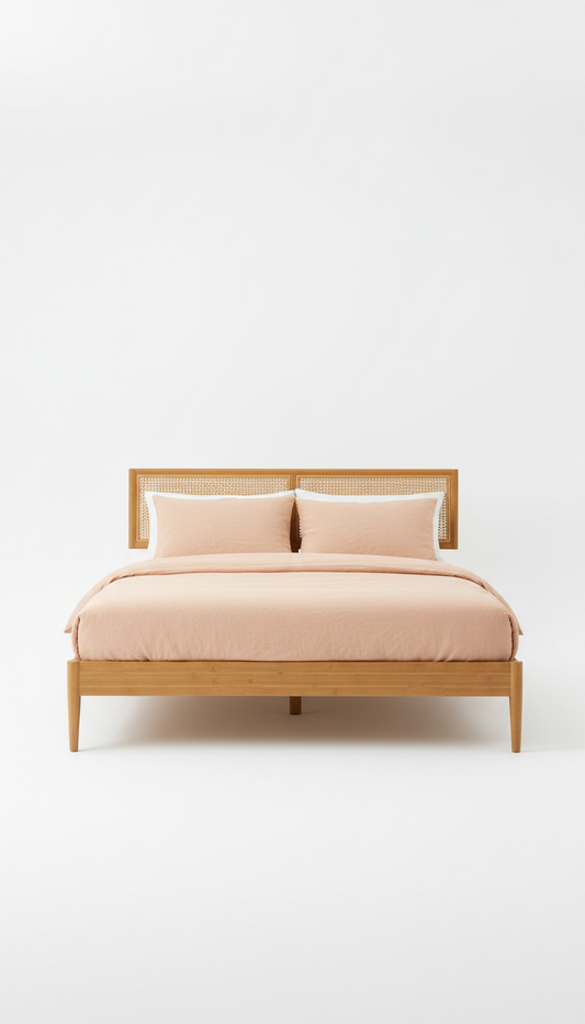 A mid-century modern bamboo bed is perfectly centered against a 'Pure White' background. The bed is adorned with minimal,...